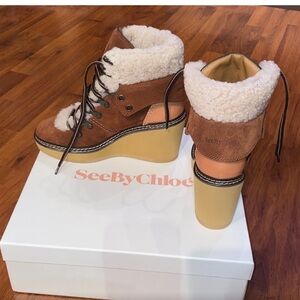 See By Chloe Brown Ankle Boots with Cream Accents